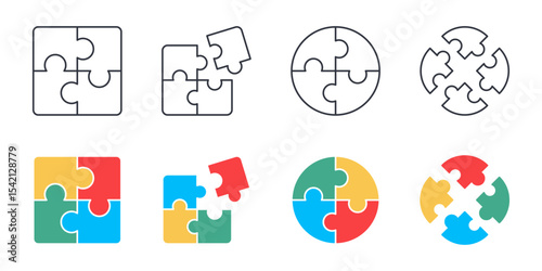 Vector puzzle icons. Set color and line symbols editable stroke. Mixed infographic f square and circular jigsaw pieces in linear and colorful styles. Ideal for teamwork solution strategy or education.