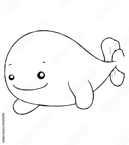 Cartoon whale with a smiling face and flippers in a simple outlined style