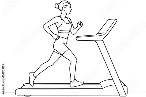 Line art illustration of a woman running on a treadmill, focused on fitness and exercise, in black and white.