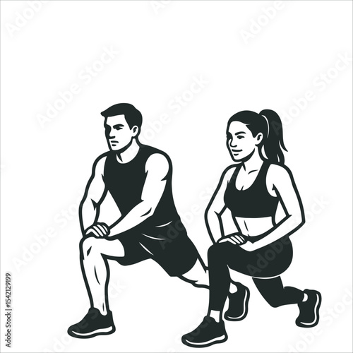 A couple doing lunges exercise in the gym Minimalist Editable Vector