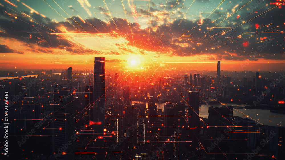 Fototapeta premium Smart digital Innovation city with connection network reciprocity over the cityscape. of future smart wireless digital city and social media networking systems that connects people with in city