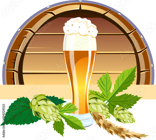 glass of beer hops leaves on the barrel