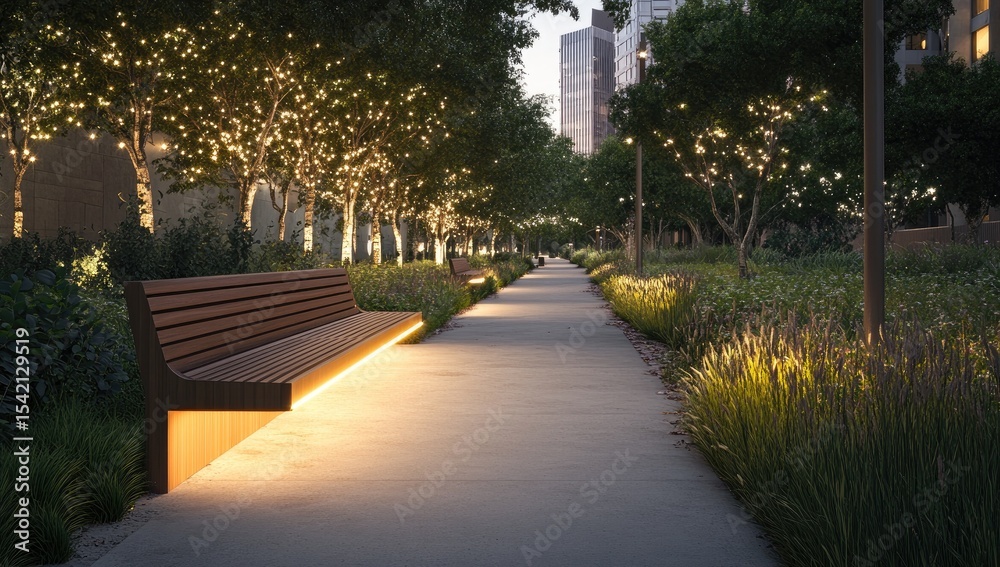 Fototapeta premium Illuminated park walkway at dusk. 