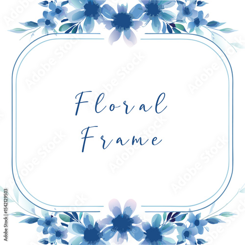 Watercolor Blue Floral with Rounded Rectangle Border on White Background