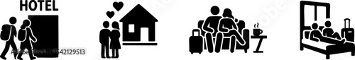 Four black-and-white icons depict stages of a hotel stay: checking in, a couple at home, waiting with luggage, and guests in a hotel room.