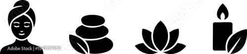 Simple black icons representing wellness: a person with a towel, stacked spa stones, a lotus flower, and a candle with a flame.