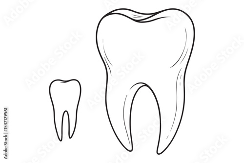 Minimalistic illustration of a small and large tooth, emphasizing dental care and tooth structure, in simple black lines.
