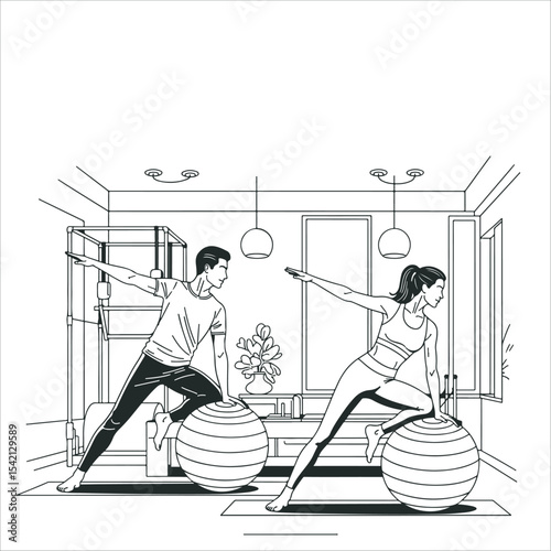Couple Performing Yoga Exercises with Stability Balls Minimalist Editable Vector