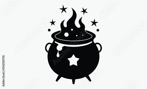 Witch cauldron silhouette, potion cooking vector, Halloween magic icon, spooky kitchen graphic