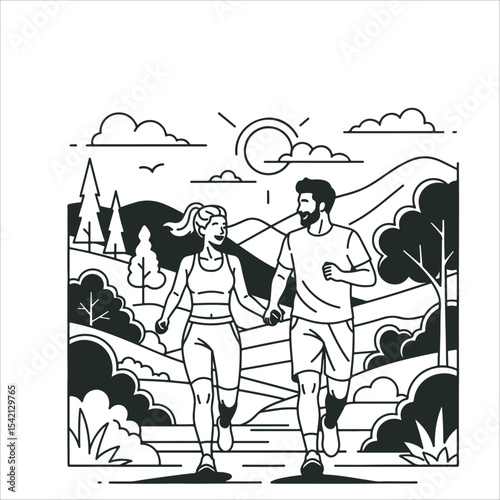 Couple running outdoors holding hands in the sunshine Minimalist Editable Vector
