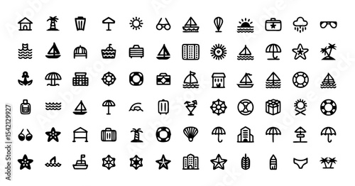 Summer Vacation Line Icon Set – Thin Linear Vector Symbols of Travel, Beach, Sea, Surfing, Hotels, Sunbathing, and Holiday Activities for Infographics and Mobile Apps