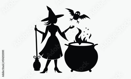 Witch cauldron silhouette, potion cooking vector, Halloween magic icon, spooky kitchen graphic