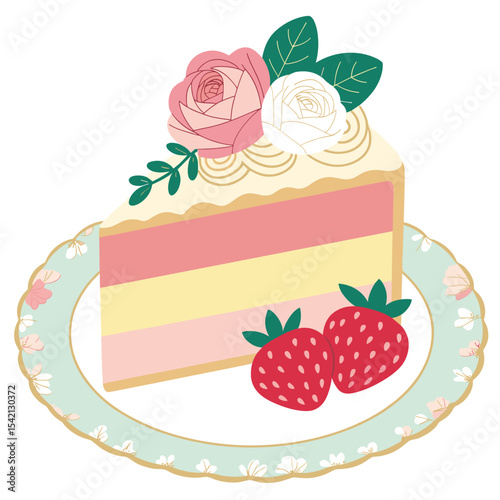 Strawberry Decorated Cake Illustration, Cute Pink Cake with Strawberries and Cream, Festive Layered Cake with Fruit and Icing