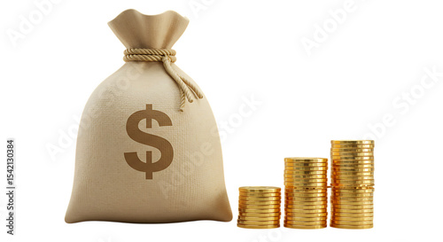 Money bag with stacks of gold coins isolated on white background