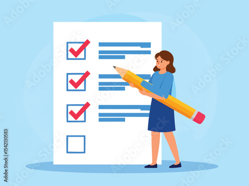 Woman holding pencil next to a checklist with completed tasks and empty box