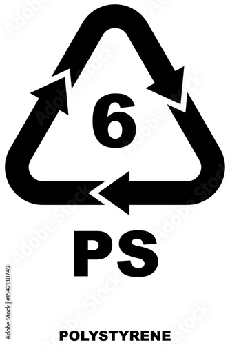 Plastic recycling code, black color bold symbol for polystyrene plastic. Arrow triangle with number 6 and 'PS' for material identification with isolated background.