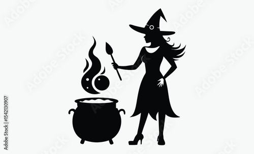Witch cauldron silhouette, potion cooking vector, Halloween magic icon, spooky kitchen graphic