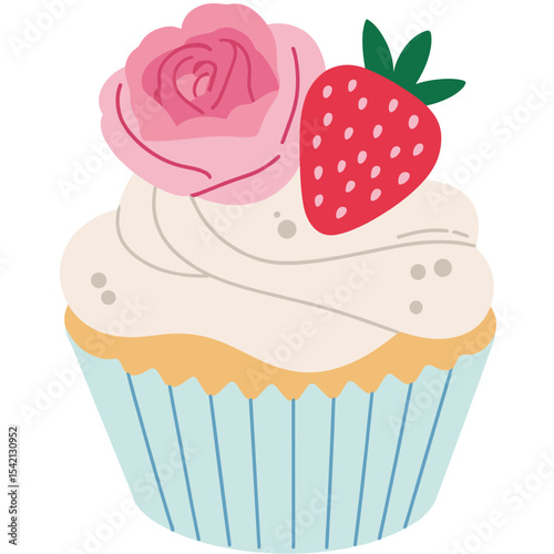 Strawberry Decorated Cake Illustration, Cute Pink Cake with Strawberries and Cream, Festive Layered Cake with Fruit and Icing