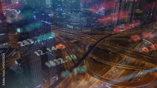 image of data processing over cityscape. global business, digital interface, connections and digital interface concept digitally generated image.