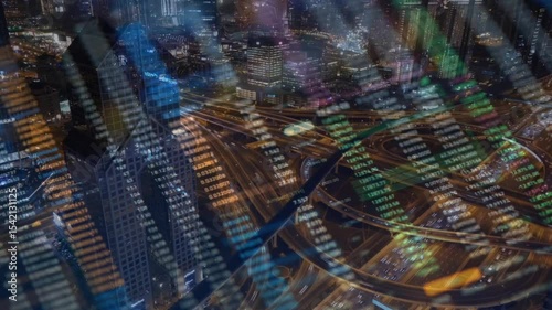 image of data processing over cityscape. global business, digital interface, connections and digital interface concept digitally generated image.