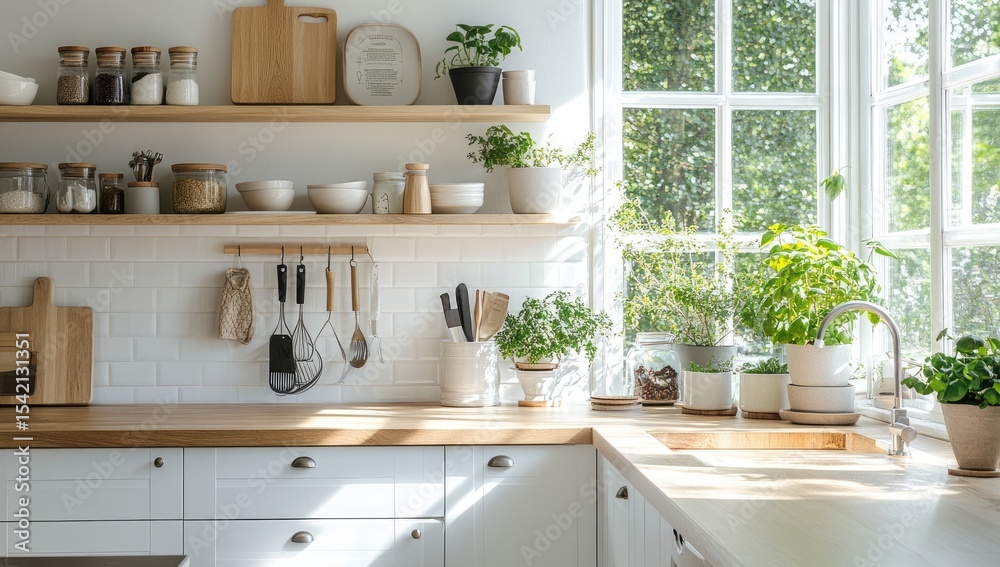 Bright, airy kitchen with wooden shelves and plants Bright, airy kitchen with wooden shelves and plants