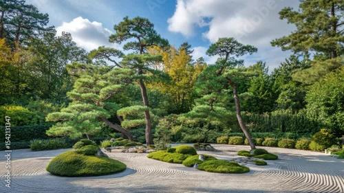 Tranquil Zen Garden with Curved Sand Patterns and Lush Greenery Under Bright Blue Sky transparent background png