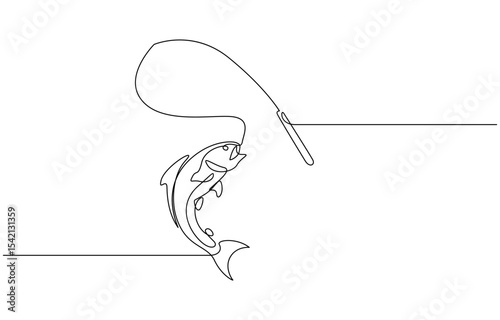 Continuous line drawing of a young fisherman standing, One continuous line drawing of fishing. Fishing leisure hobby vacation concept. Dynamic single line draw graphic design vector illustration.