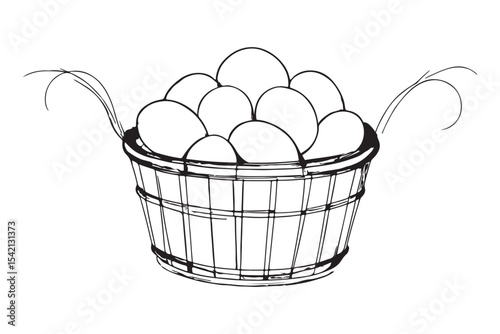 line art of a basket filled with eggs drawn in simple black and white