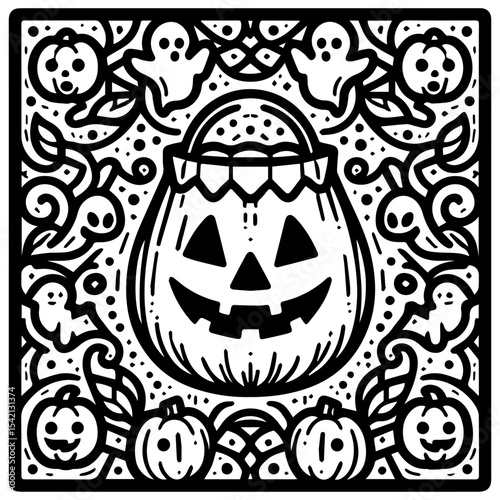 Halloween themed, intricate design with a jack-o'-lantern themed treat bag surrounded by ghosts and pumpkins.