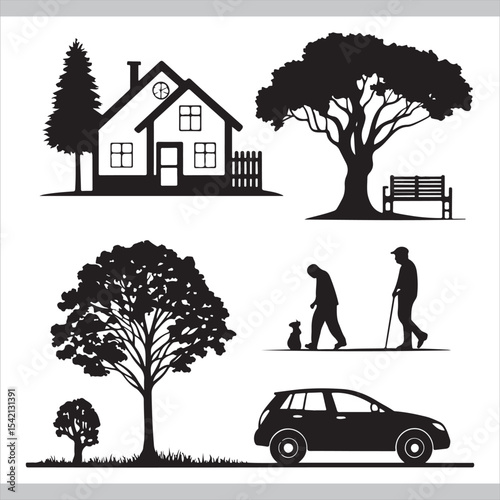 Vector illustration set featuring trees cars and houses in a cartoon landscape design