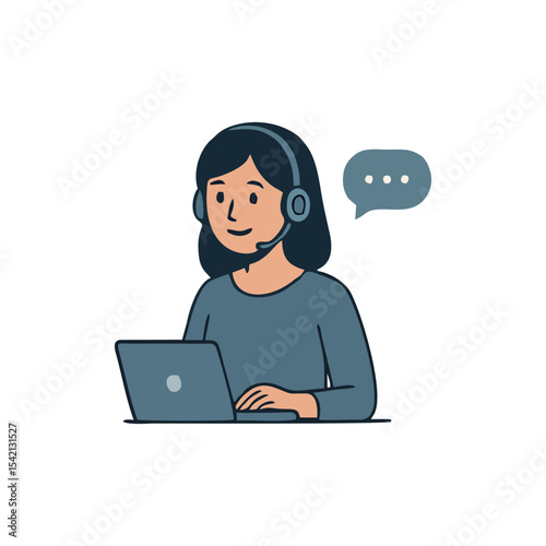 Customer support young woman helpdesk agent character with headset and laptop working in tech environment for digital conversation virtual assistant and business support vector graphic

