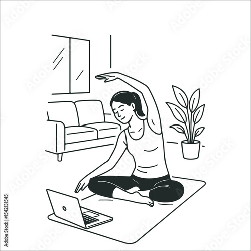 Woman practicing yoga at home with online class on laptop, Minimalist Editable Vector