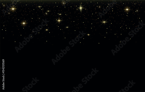 Black background with golden stars, glitter and sparkles. Night sky effects. New Year, Christmas, festival concept. 