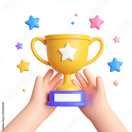 Yellow trophy cup with white star, held by two hands, surrounded by colorful stars, symbolizing achievement, success, and celebration in playful, cheerful style
