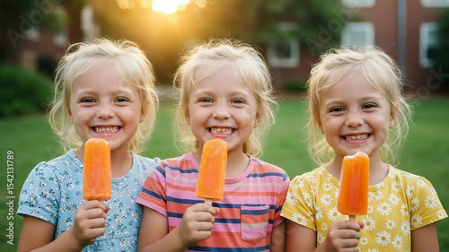 Triple the Smiles: Identical Triplets Enjoying Popsicles in Sunlight