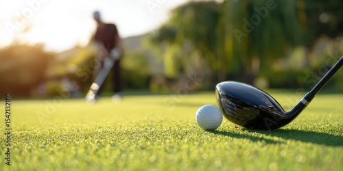 The golfer preparing to swing at a pristine green putting surface.