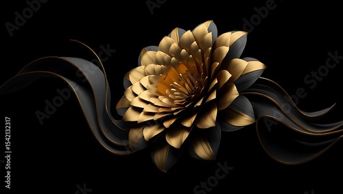 Golden Elegance Abstract 3D Floral Art in Black and Gold