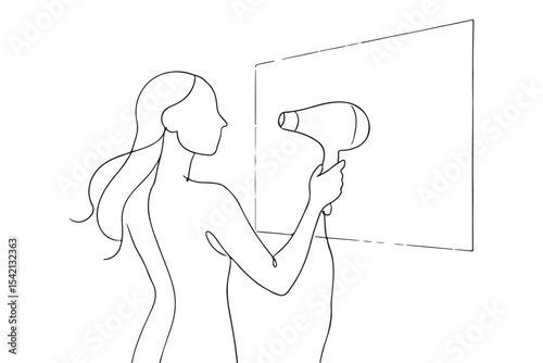 minimalist drawing of a woman using a hair dryer in her routine