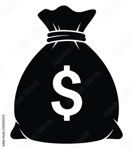 Silhouette of a Black Money Bag with Dollar Sign Symbolizing Wealth and Savings for Financial Concepts and Illustrations