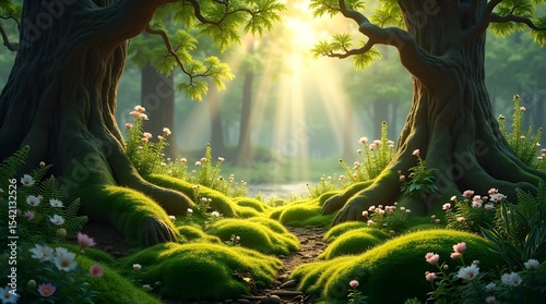 A tranquil forest glade with sunlight streaming through the canopy onto soft moss