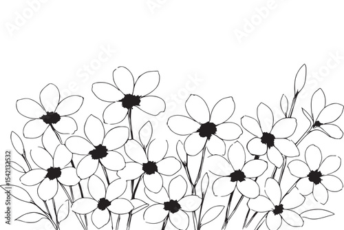 Floral drawing with simple black line art featuring butterflies in a delicate design