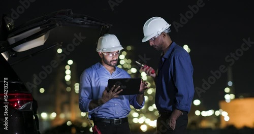 Two power plant engineers with safety PPE uniforms are working with a digital laptop and walkie-talkies at night at a refinery and gas petrochemical plan