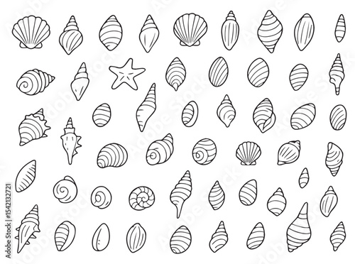 Pearl shell icon set. Shell coloring pages set for kids. Black shell icons. Summer doodle outline coloring isolated on white background.
