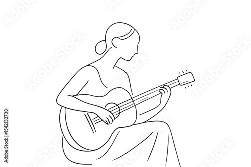 Simple black line drawing of a woman enjoying guitar music, sketch art