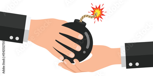 Businessmen Exchanging a Bomb Symbolizing Risky Decisions in Corporate Environments and the Impact of High-Stakes Transactions on Success and Failure