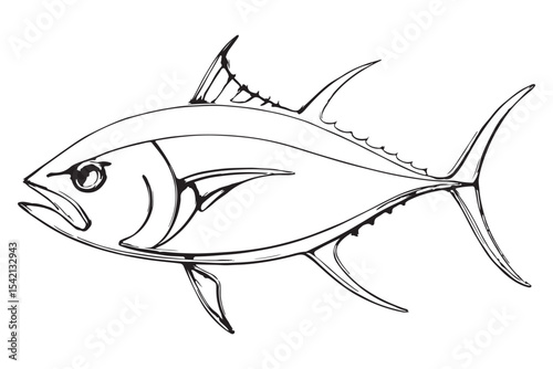 Line art drawing of a tuna fish with detailed fins and sharp features