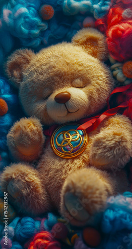 A cute teddy bear, holding an Olympic medal, is sleeping peacefully on a comfortable bed, surrounded by soft, warm woolen blankets and cushions, creating a cozy atmosphere.