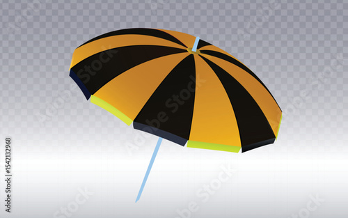 A vibrant beach umbrella with bold black and orange stripes, featuring a sturdy pole, ready to provide shade and a touch of summer to any design.