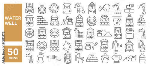 Set of 50 line icons related to water well, bucket, faucet, thirst, drinking water, groundwater, Editable stroke. Vector illustration