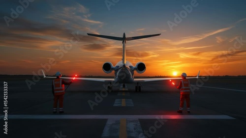 Private Jet Ready for Takeoff at Sunset